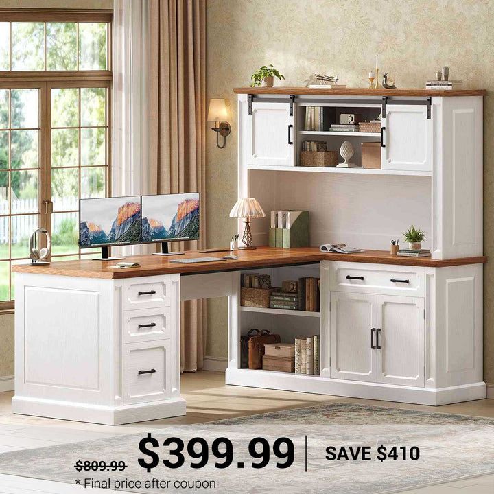 SEDETA® 67 Inch Farmhouse Computer Desk L Shaped Executive Home Office Desks with Sliding Doors 4 Drawer Power Outlet Storage Cabinet Hutch