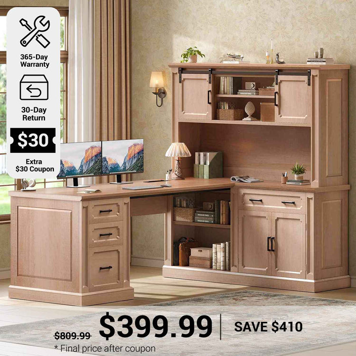 SEDETA® 67 Inch Farmhouse Computer Desk L Shaped Executive Home Office Desks with Sliding Doors 4 Drawer Power Outlet Storage Cabinet Hutch