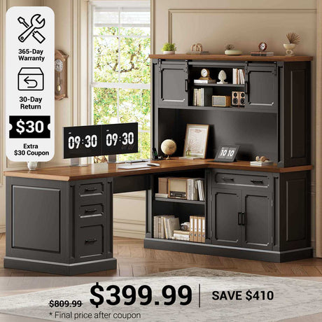 SEDETA® 67 Inch Farmhouse Computer Desk L Shaped Executive Home Office Desks with Sliding Doors 4 Drawer Power Outlet Storage Cabinet Hutch