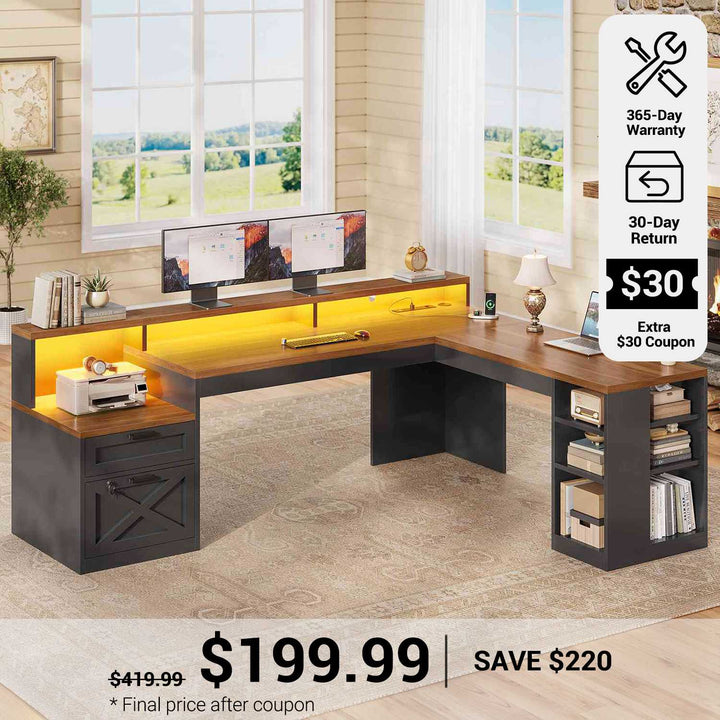 SEDETA® 65 Inch L Shaped Computer Desk Ergonomic Farmhouse Corner Gaming Desk with LED Strip Power Strip Lockable 2 Storage File Drawer