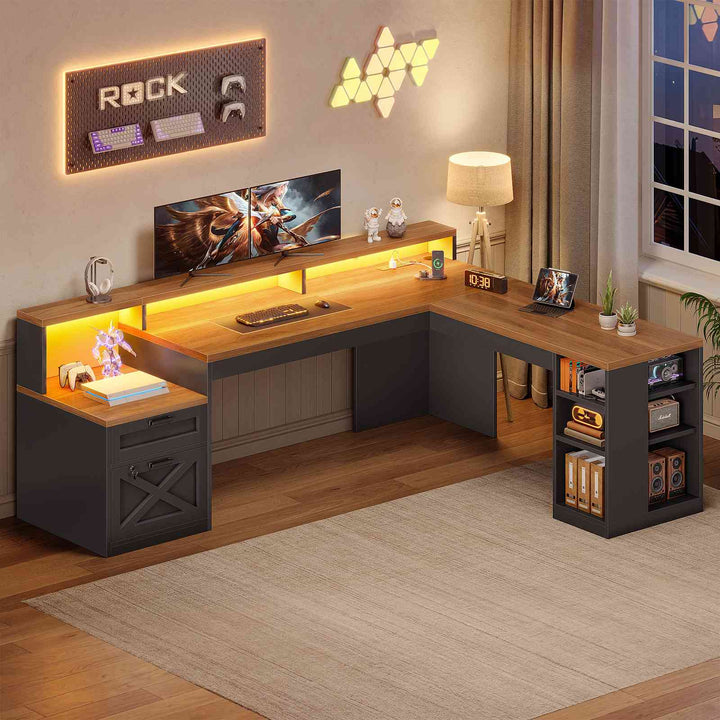 SEDETA® 65 Inch L Shaped Computer Desk Ergonomic Farmhouse Corner Gaming Desk with LED Strip Power Strip Lockable 2 Storage File Drawer