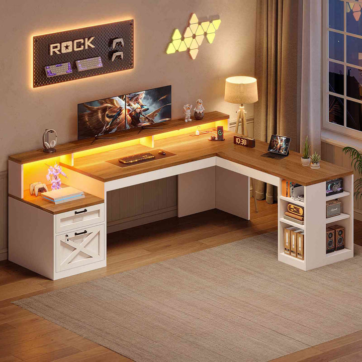 SEDETA® 65 Inch L Shaped Computer Desk Ergonomic Farmhouse Corner Gaming Desk with LED Strip Power Strip Lockable 2 Storage File Drawer
