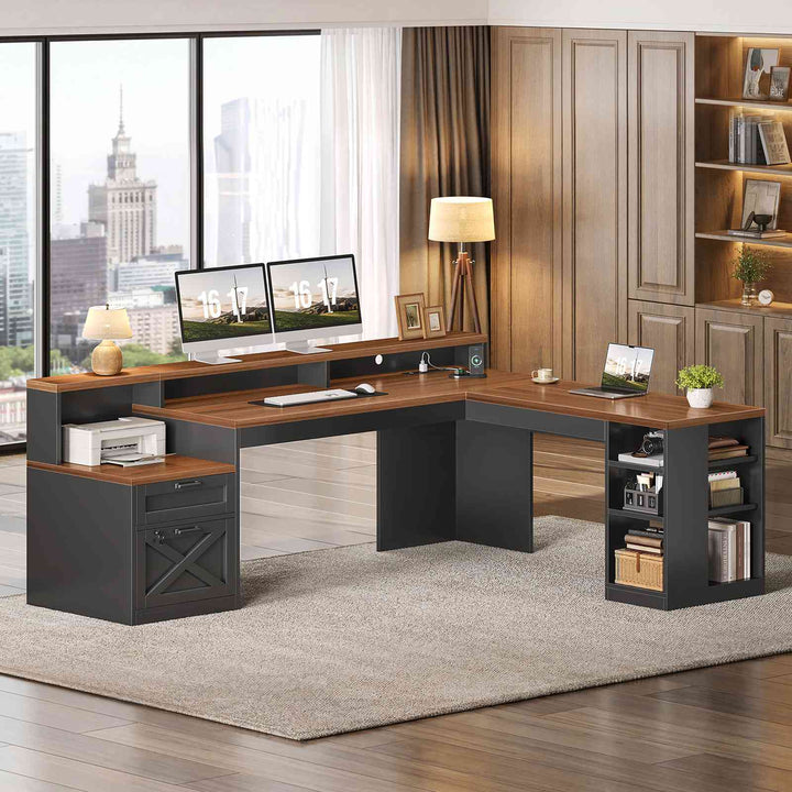 SEDETA® 65 Inch L Shaped Computer Desk Ergonomic Farmhouse Corner Gaming Desk with LED Strip Power Strip Lockable 2 Storage File Drawer