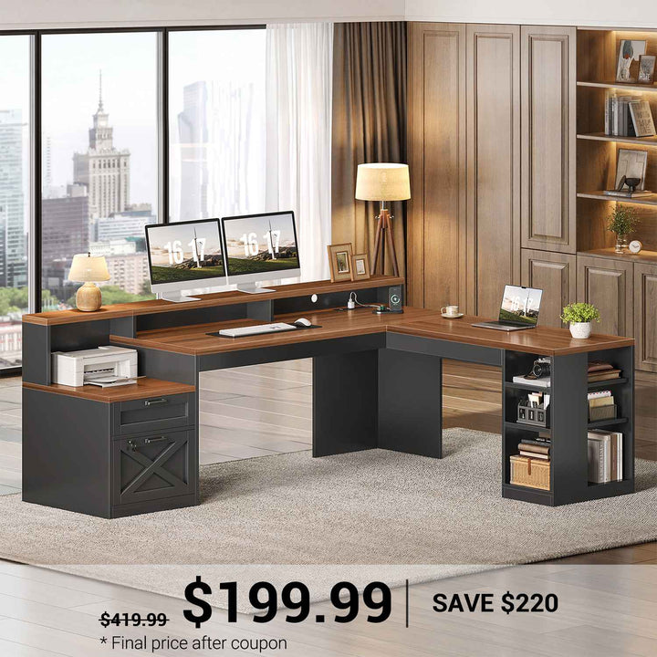 SEDETA® 65 Inch L Shaped Computer Desk Ergonomic Farmhouse Corner Gaming Desk with LED Strip Power Strip Lockable 2 Storage File Drawer