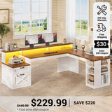 SEDETA 65 Inch L Shaped Computer Desk Ergonomic Home Office Gaming Desk with Storage Lockable 2 File Drawer Power Strip LED Strip