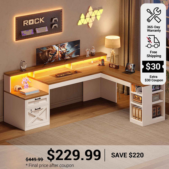 SEDETA 65 Inch L Shaped Computer Desk Ergonomic Home Office Gaming Desk with Storage Lockable 2 File Drawer Power Strip LED Strip