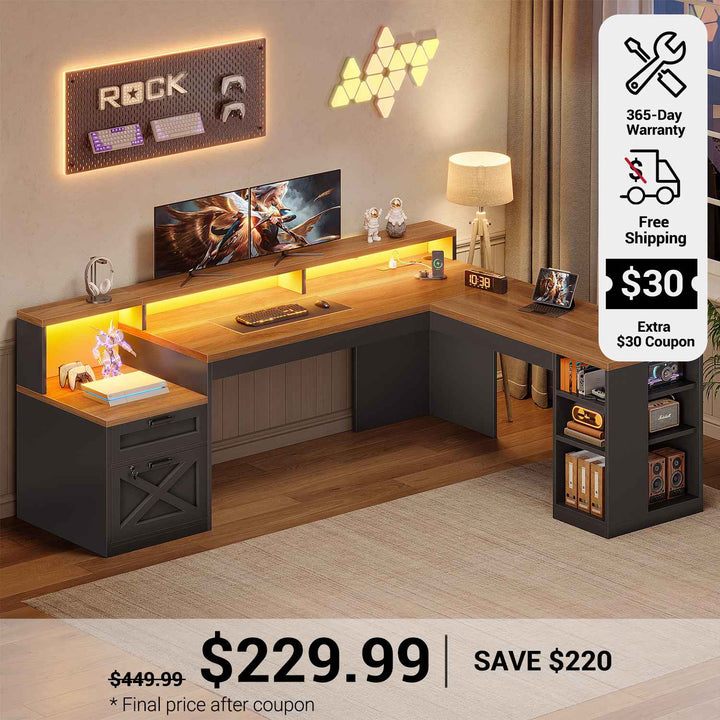 SEDETA 65 Inch L Shaped Computer Desk Ergonomic Home Office Gaming Desk with Storage Lockable 2 File Drawer Power Strip LED Strip