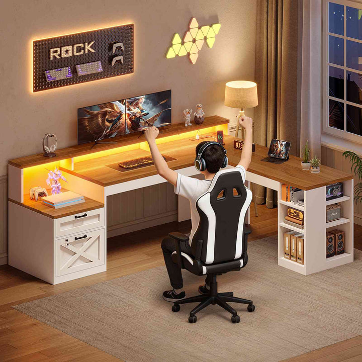 SEDETA® 65 Inch L Shaped Computer Desk Ergonomic Farmhouse Corner Gaming Desk with LED Strip Power Strip Lockable 2 Storage File Drawer