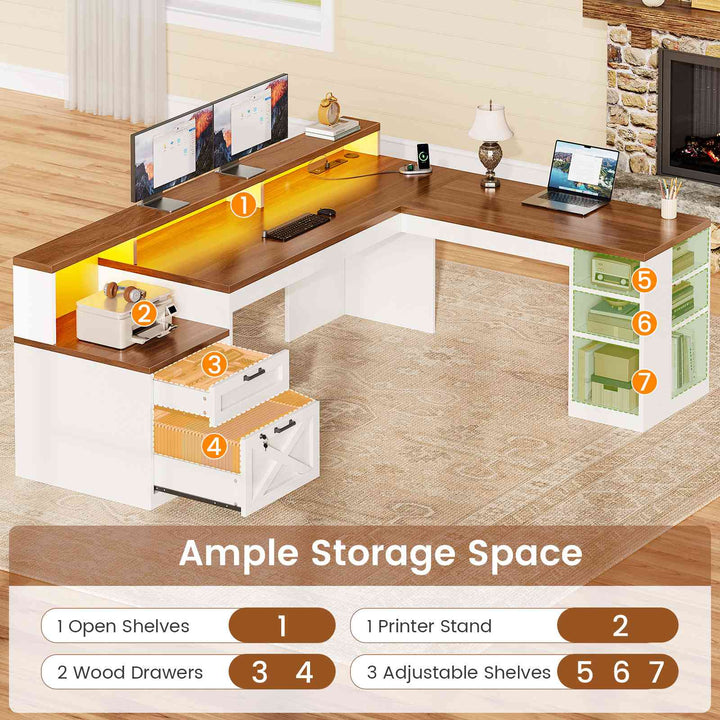 SEDETA® 65 Inch L Shaped Computer Desk Ergonomic Farmhouse Corner Gaming Desk with LED Strip Power Strip Lockable 2 Storage File Drawer