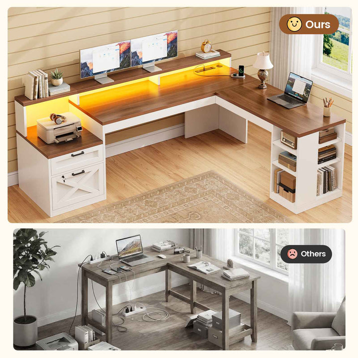 SEDETA® 65 Inch L Shaped Computer Desk Ergonomic Farmhouse Corner Gaming Desk with LED Strip Power Strip Lockable 2 Storage File Drawer