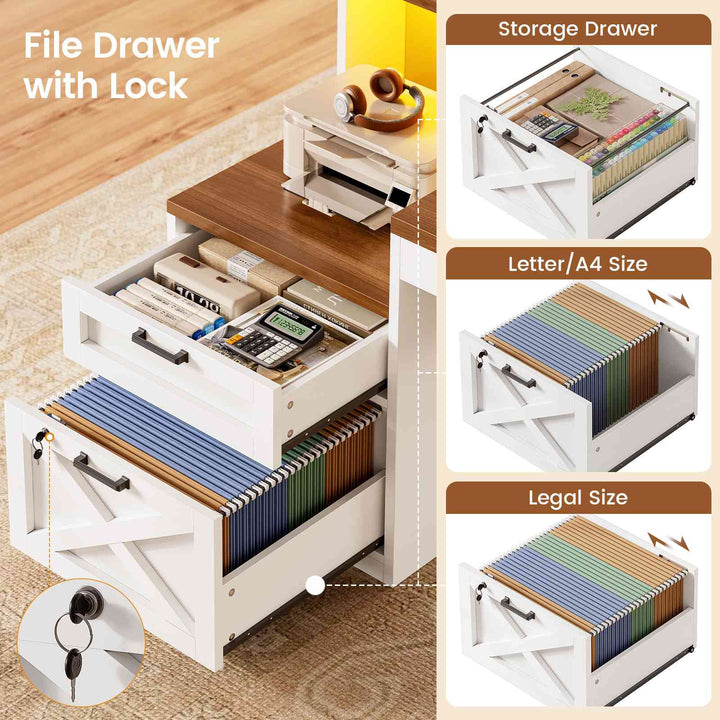 SEDETA® 65 Inch L Shaped Computer Desk Ergonomic Farmhouse Corner Gaming Desk with LED Strip Power Strip Lockable 2 Storage File Drawer