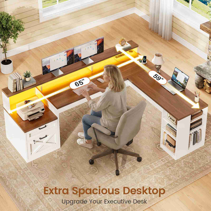 SEDETA® 65 Inch L Shaped Computer Desk Ergonomic Farmhouse Corner Gaming Desk with LED Strip Power Strip Lockable 2 Storage File Drawer