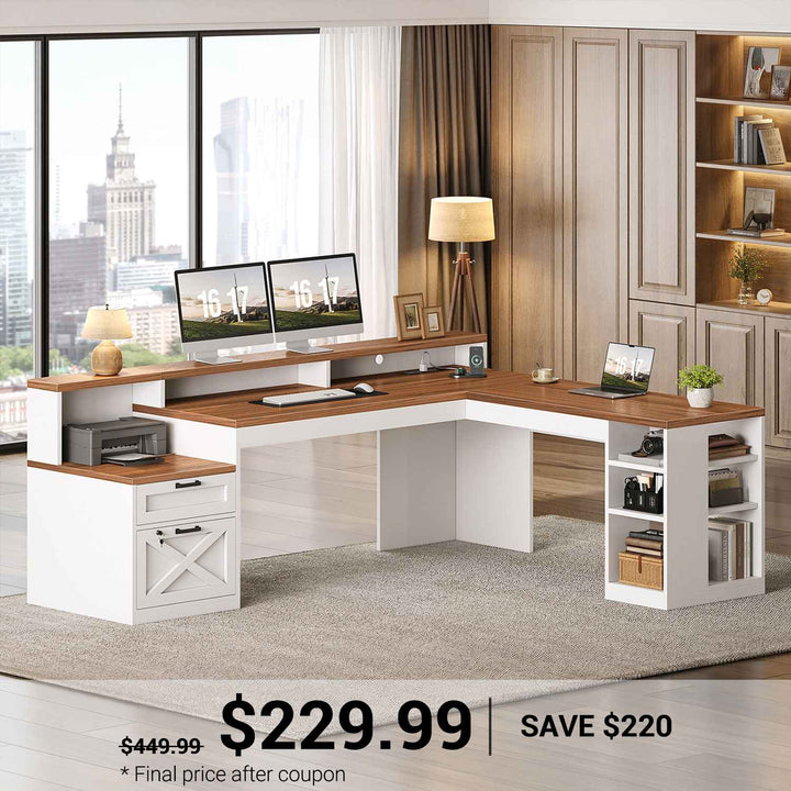 SEDETA 65 Inch L Shaped Computer Desk Ergonomic Home Office Gaming Desk with Storage Lockable 2 File Drawer Power Strip LED Strip