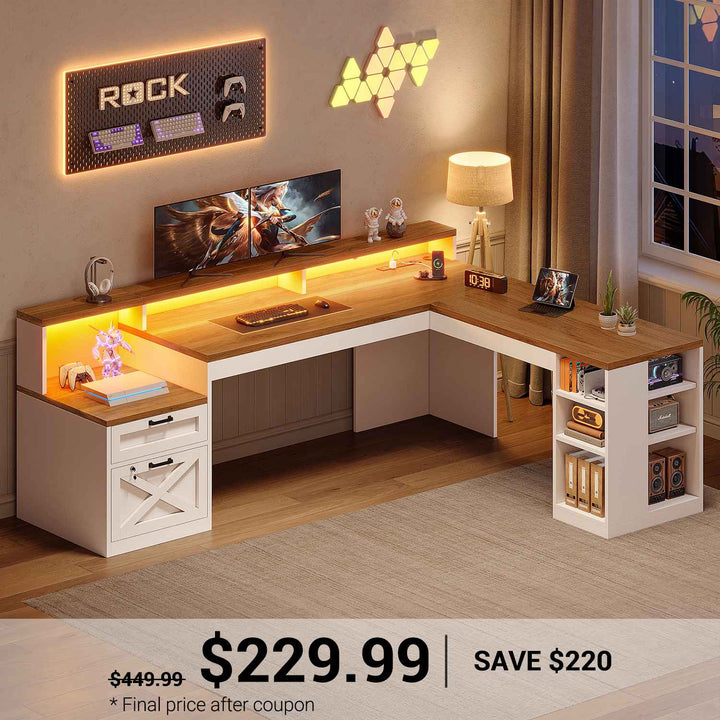 SEDETA 65 Inch L Shaped Computer Desk Ergonomic Home Office Gaming Desk with Storage Lockable 2 File Drawer Power Strip LED Strip