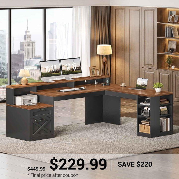 SEDETA 65 Inch L Shaped Computer Desk Ergonomic Home Office Gaming Desk with Storage Lockable 2 File Drawer Power Strip LED Strip