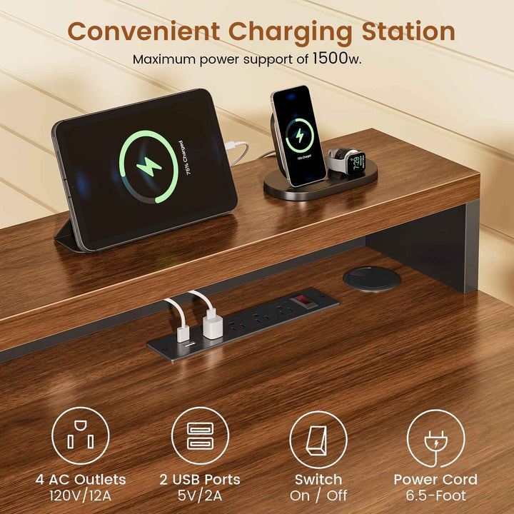 SEDETA® 65 Inch L Shaped Computer Desk Ergonomic Farmhouse Corner Gaming Desk with LED Strip Power Strip Lockable 2 Storage File Drawer