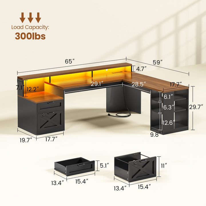 SEDETA® 65 Inch L Shaped Computer Desk Ergonomic Farmhouse Corner Gaming Desk with LED Strip Power Strip Lockable 2 Storage File Drawer