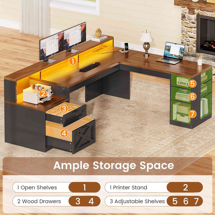 SEDETA® 65 Inch L Shaped Computer Desk Ergonomic Farmhouse Corner Gaming Desk with LED Strip Power Strip Lockable 2 Storage File Drawer
