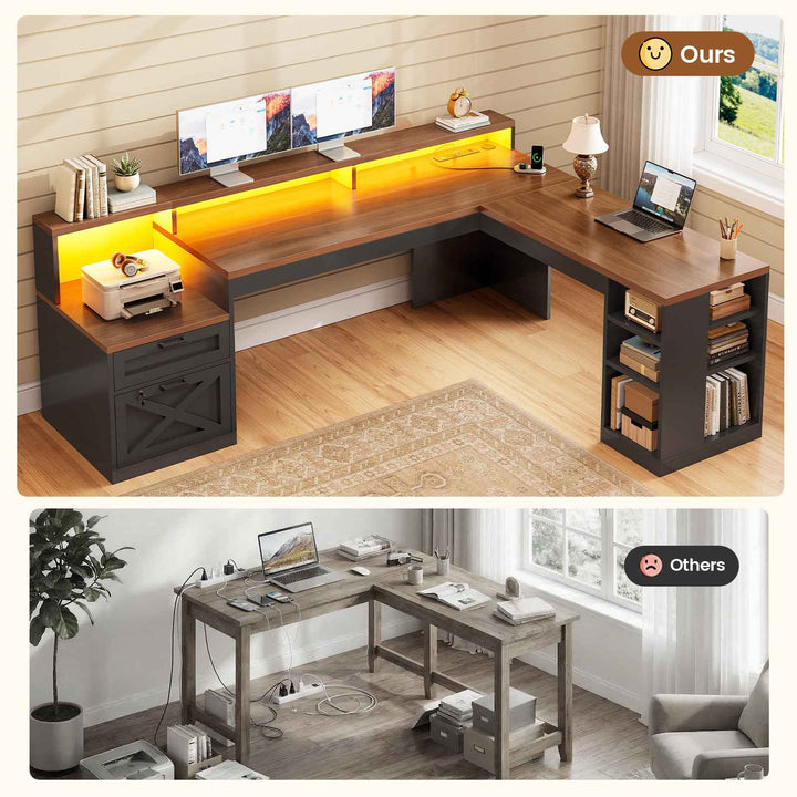 SEDETA® 65 Inch L Shaped Computer Desk Ergonomic Farmhouse Corner Gaming Desk with LED Strip Power Strip Lockable 2 Storage File Drawer