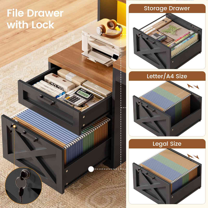 SEDETA® 65 Inch L Shaped Computer Desk Ergonomic Farmhouse Corner Gaming Desk with LED Strip Power Strip Lockable 2 Storage File Drawer