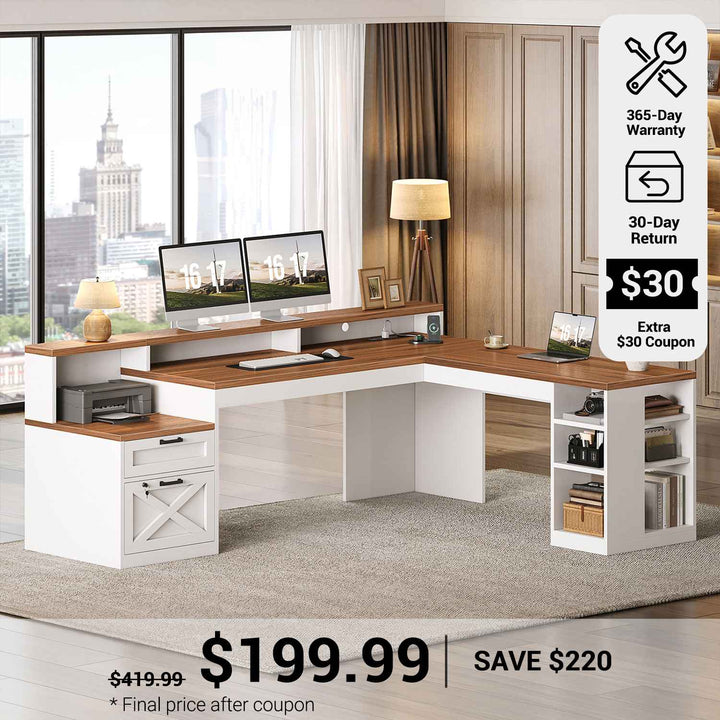 SEDETA® 65 Inch L Shaped Computer Desk Ergonomic Farmhouse Corner Gaming Desk with LED Strip Power Strip Lockable 2 Storage File Drawer