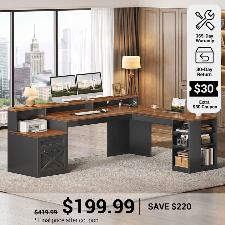 SEDETA® 65 Inch L Shaped Computer Desk Ergonomic Farmhouse Corner Gaming Desk with LED Strip Power Strip Lockable 2 Storage File Drawer