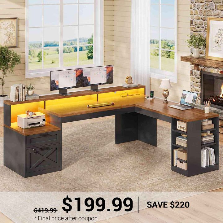 SEDETA® 65 Inch L Shaped Computer Desk Ergonomic Farmhouse Corner Gaming Desk with LED Strip Power Strip Lockable 2 Storage File Drawer