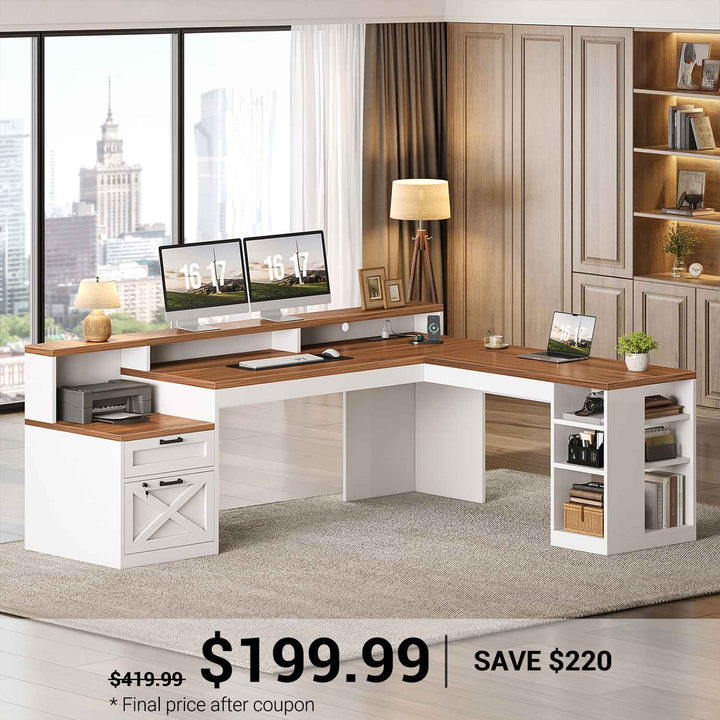 SEDETA® 65 Inch L Shaped Computer Desk Ergonomic Farmhouse Corner Gaming Desk with LED Strip Power Strip Lockable 2 Storage File Drawer