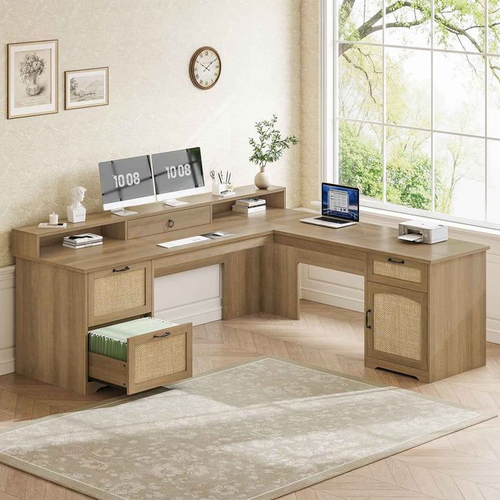 SEDETA 63 Inch Rattan Wood L Shaped Computer Desk Farmhouse Corner Executive Office Desk with File Drawers Monitor Stand Storage Cabinet