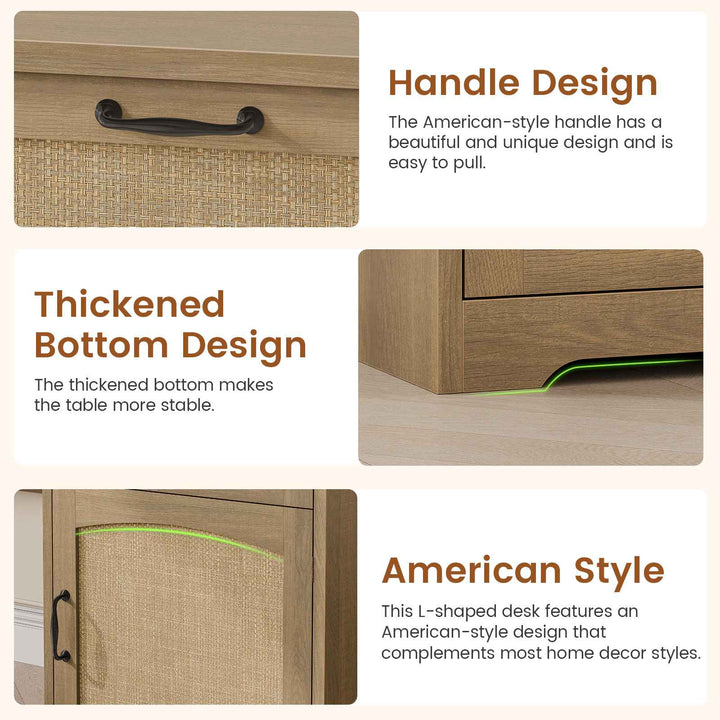 SEDETA 63 Inch Rattan Wood L Shaped Computer Desk Farmhouse Corner Executive Office Desk with File Drawers Monitor Stand Storage Cabinet