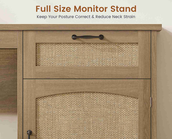 SEDETA 63 Inch Rattan Wood L Shaped Computer Desk Farmhouse Corner Executive Office Desk with File Drawers Monitor Stand Storage Cabinet