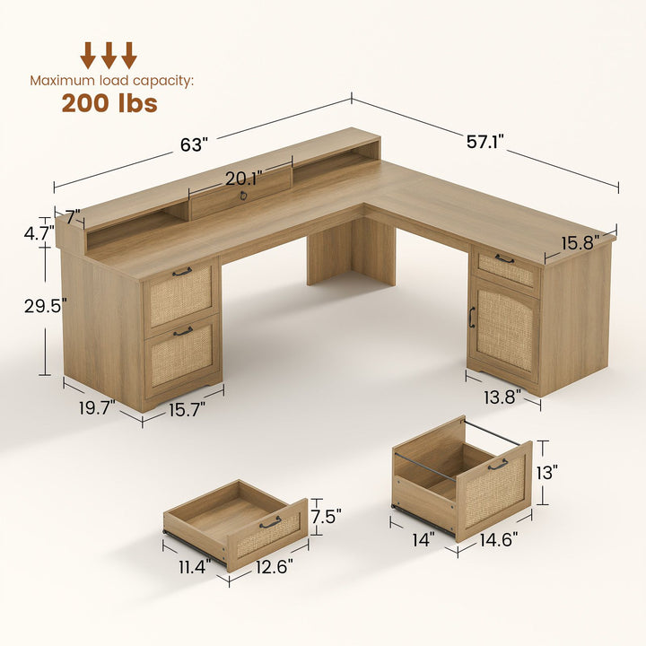 SEDETA 63 Inch Rattan Wood L Shaped Computer Desk Farmhouse Corner Executive Office Desk with File Drawers Monitor Stand Storage Cabinet
