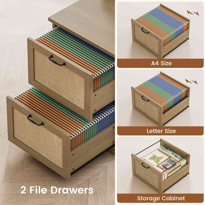 SEDETA 63 Inch Rattan Wood L Shaped Computer Desk Farmhouse Corner Executive Office Desk with File Drawers Monitor Stand Storage Cabinet