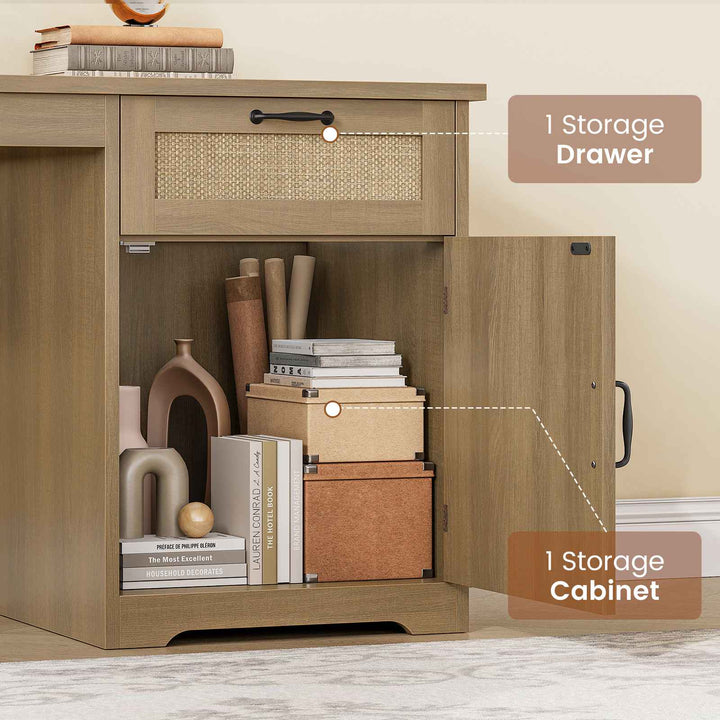 SEDETA 63 Inch Rattan Wood L Shaped Computer Desk Farmhouse Corner Executive Office Desk with File Drawers Monitor Stand Storage Cabinet