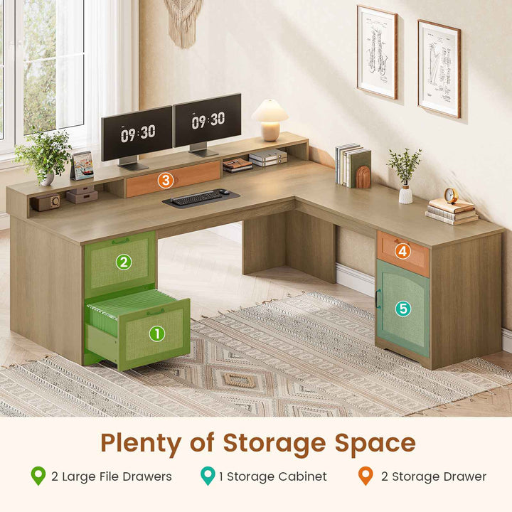 SEDETA 63 Inch Rattan Wood L Shaped Computer Desk Farmhouse Corner Executive Office Desk with File Drawers Monitor Stand Storage Cabinet