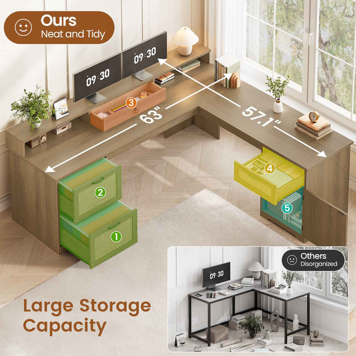 SEDETA 63 Inch Rattan Wood L Shaped Computer Desk Farmhouse Corner Executive Office Desk with File Drawers Monitor Stand Storage Cabinet