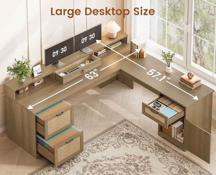 SEDETA 63 Inch Rattan Wood L Shaped Computer Desk Farmhouse Corner Executive Office Desk with File Drawers Monitor Stand Storage Cabinet