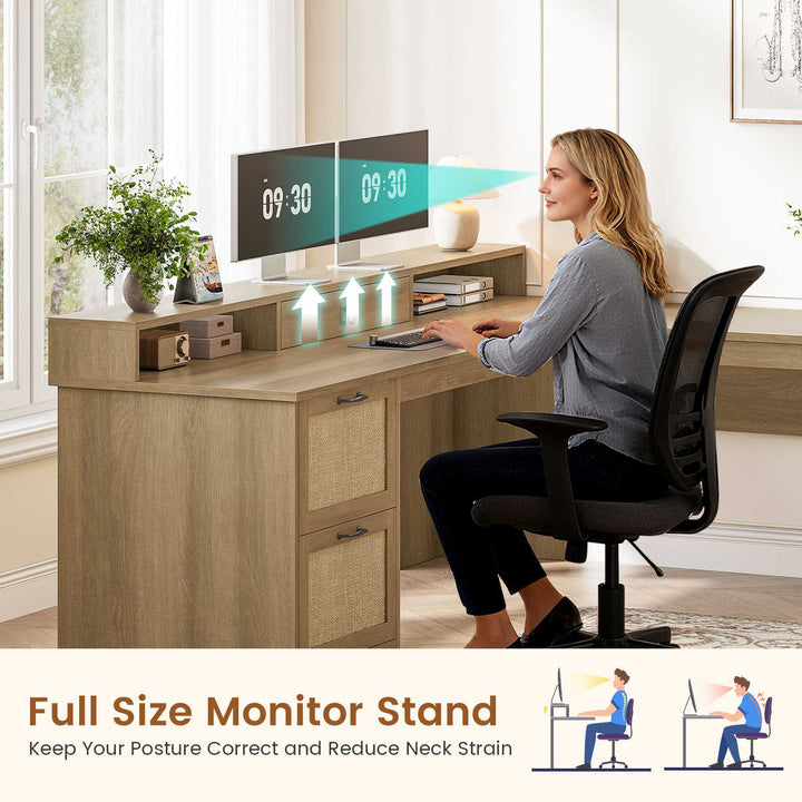 SEDETA 63 Inch Rattan Wood L Shaped Computer Desk Farmhouse Corner Executive Office Desk with File Drawers Monitor Stand Storage Cabinet