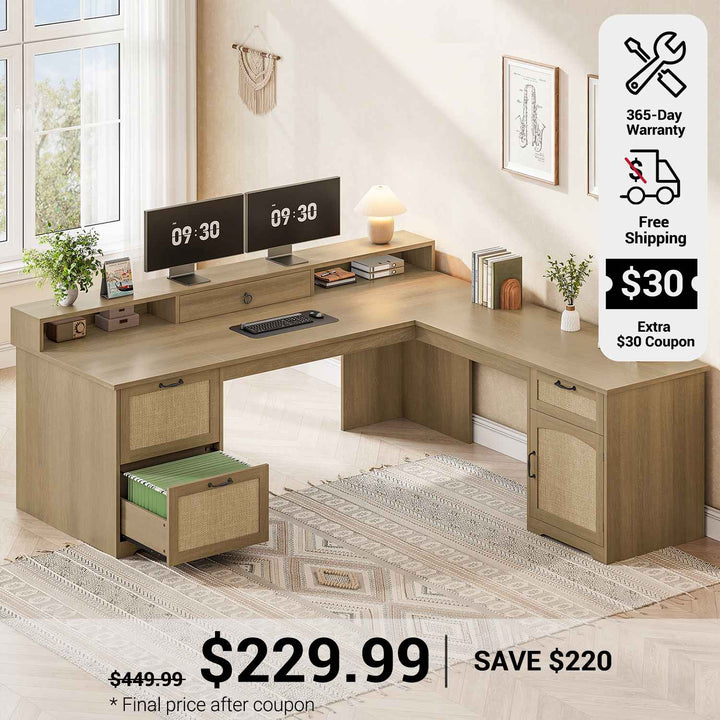 SEDETA 63 Inch Rattan Wood L Shaped Computer Desk Farmhouse Corner Executive Office Desk with File Drawers Monitor Stand Storage Cabinet