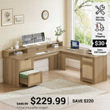 SEDETA 63 Inch Rattan Wood L Shaped Computer Desk Farmhouse Corner Executive Office Desk with File Drawers Monitor Stand Storage Cabinet