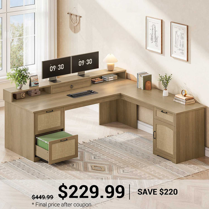 SEDETA 63 Inch Rattan Wood L Shaped Computer Desk Farmhouse Corner Executive Office Desk with File Drawers Monitor Stand Storage Cabinet