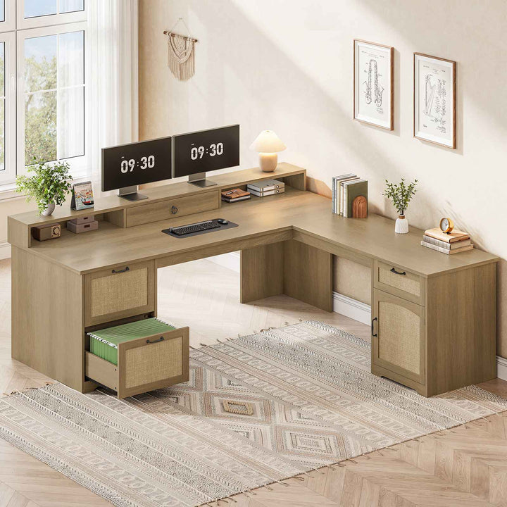 SEDETA 63 Inch Rattan Wood L Shaped Computer Desk Farmhouse Corner Executive Office Desk with File Drawers Monitor Stand Storage Cabinet
