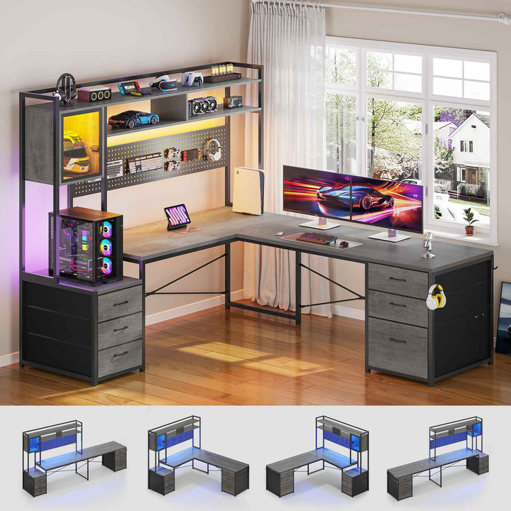 SEDETA L Shaped LED Gaming Desk with Drawers Reversible Computer Two Person Desk with File Drawer Storage Shelves Hutch Power Outlet
