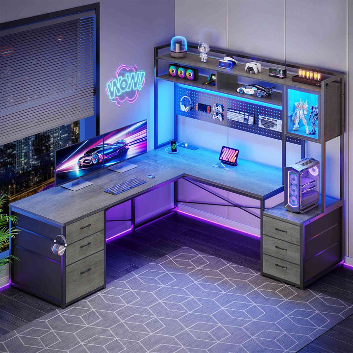 SEDETA L Shaped LED Gaming Desk with Drawers Reversible Computer Two Person Desk with File Drawer Storage Shelves Hutch Power Outlet