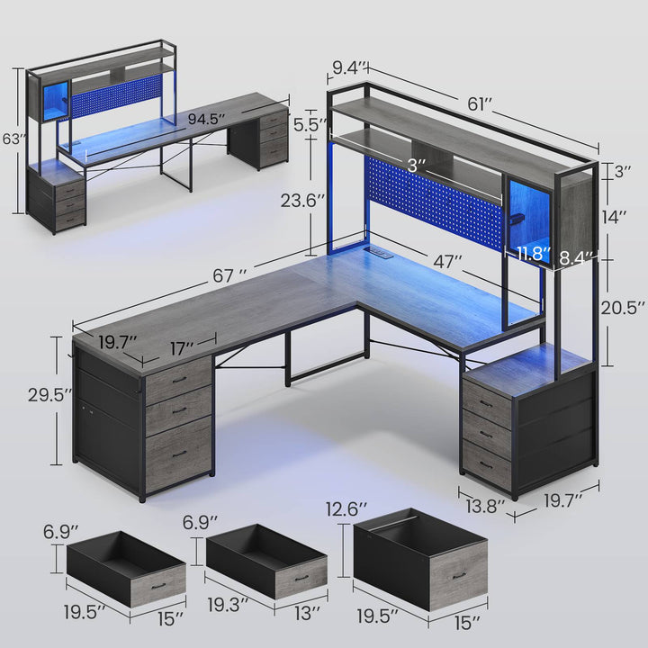 SEDETA L Shaped LED Gaming Desk with Drawers Reversible Computer Two Person Desk with File Drawer Storage Shelves Hutch Power Outlet
