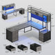 SEDETA L Shaped LED Gaming Desk with Drawers Reversible Computer Two Person Desk with File Drawer Storage Shelves Hutch Power Outlet