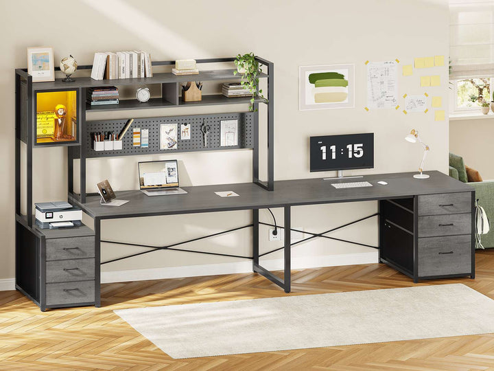 SEDETA L Shaped LED Gaming Desk with Drawers Reversible Computer Two Person Desk with File Drawer Storage Shelves Hutch Power Outlet