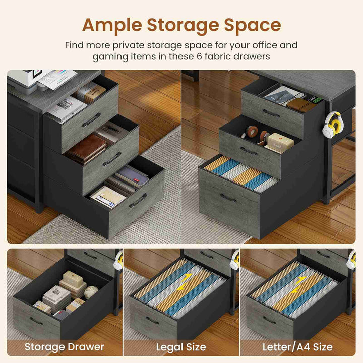 SEDETA L Shaped LED Gaming Desk with Drawers Reversible Computer Two Person Desk with File Drawer Storage Shelves Hutch Power Outlet