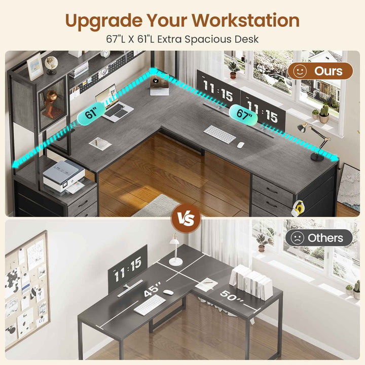 SEDETA L Shaped LED Gaming Desk with Drawers Reversible Computer Two Person Desk with File Drawer Storage Shelves Hutch Power Outlet