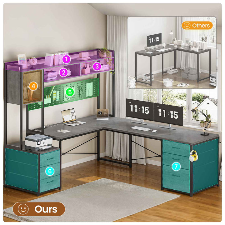 SEDETA L Shaped LED Gaming Desk with Drawers Reversible Computer Two Person Desk with File Drawer Storage Shelves Hutch Power Outlet